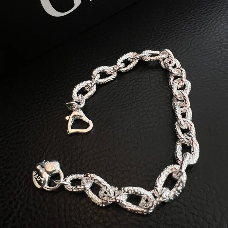 Sterling Silver plated Thai Silver Bracelet for Women Vintage Geometric Heart Love Lucky Punk Jewelry 2023 New Dropship