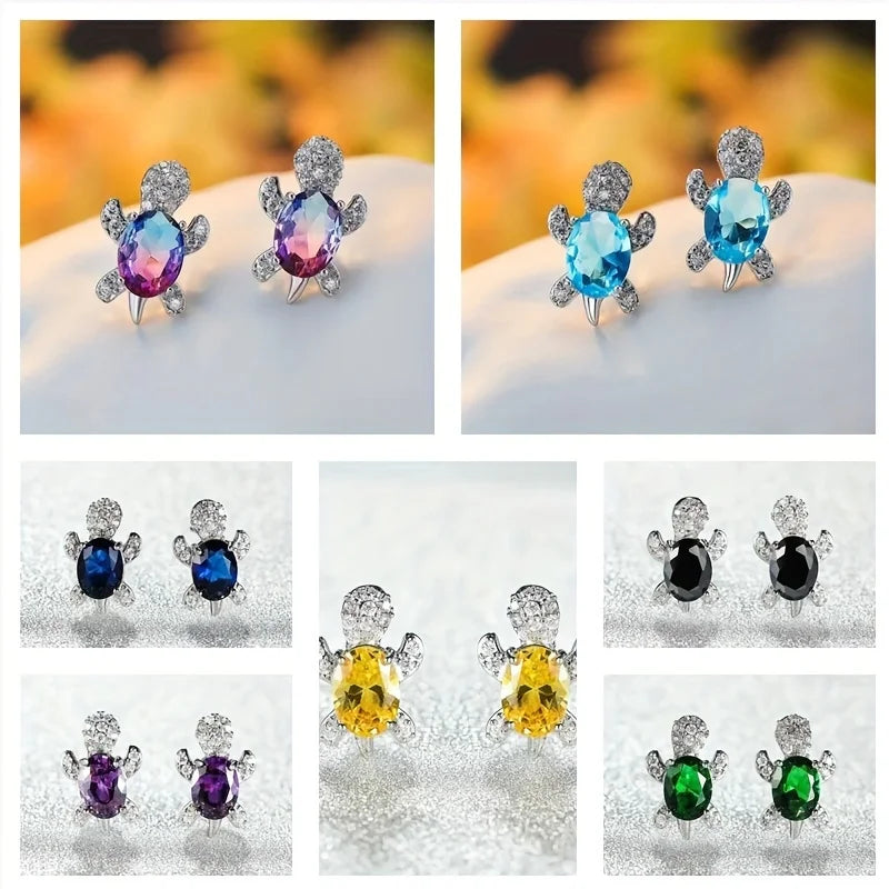 1 Paar S925 Silber süße Schildkröten-Ohrringe mit mehreren Farben zur Auswahl, Schmuck Weihnachtsgeschenk für Frauen