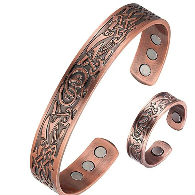 1 Stück Antikes Kupferarmband Europäisches Und Amerikanisches Kupfer Vintage Einfaches Doppelringmuster Magnet Energie Ringarmband Set