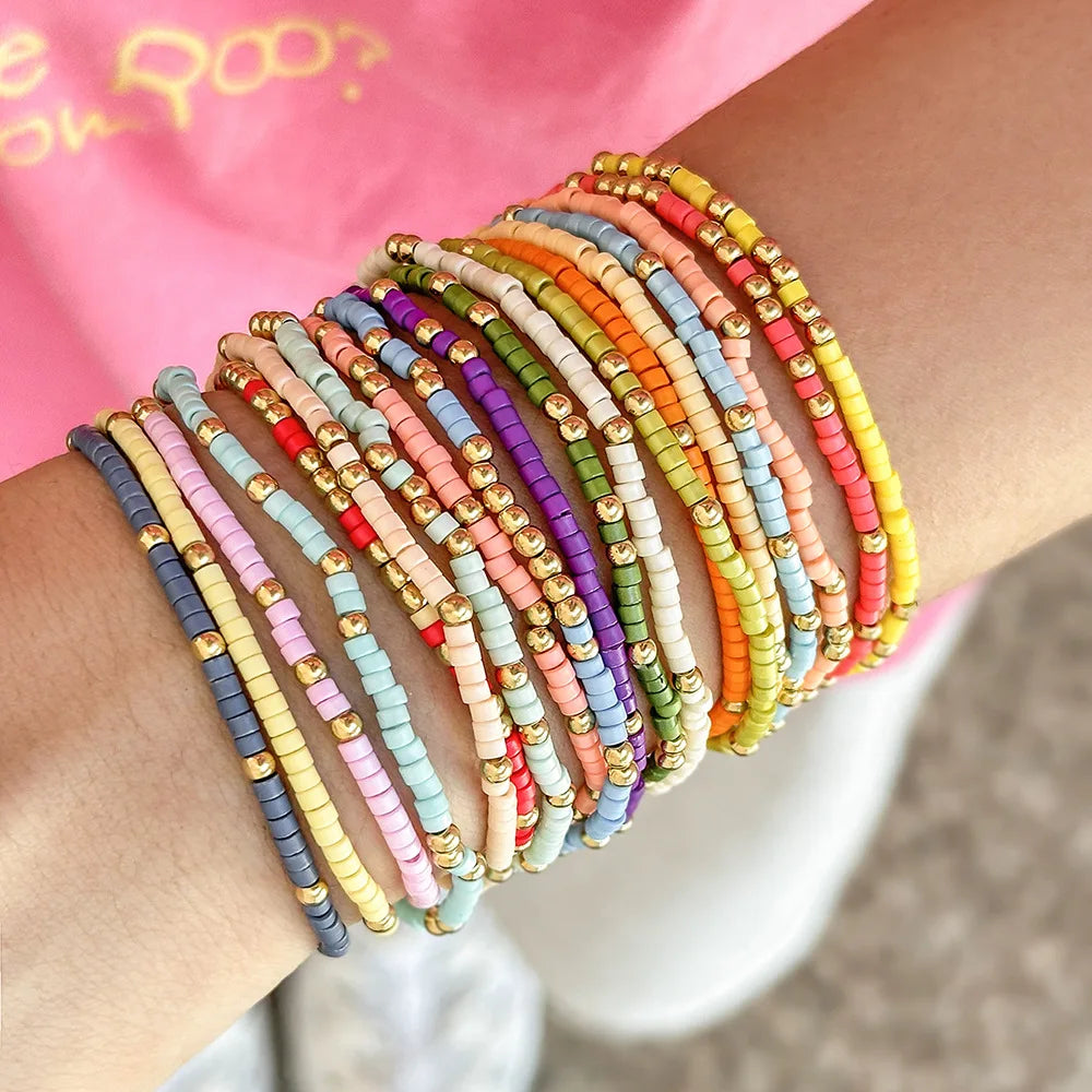 Boho-Stil Perlenarmband-Set für Damen – Bunte Perlen, dehnbares Strangarmband, Kettenarmreif, Mädchen, Sommer, Strand, Urlaubsschmuck