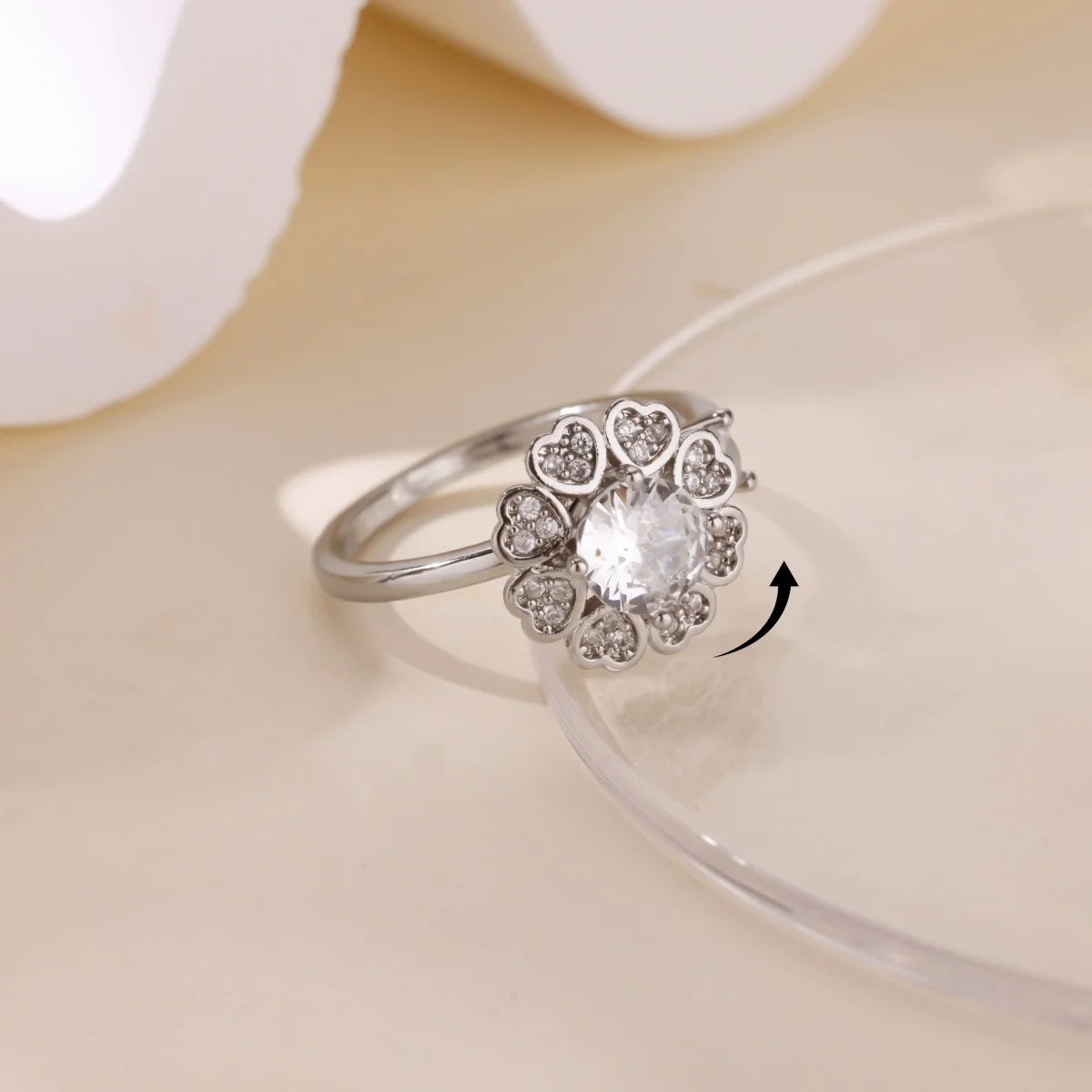 Luxus Zirkon Drehbarer Blumen-Herz-Ring für Frauen Edelstahl Goldfarben Offener Ring 2025 Neue Mode Hochzeits-Paarschmuck
