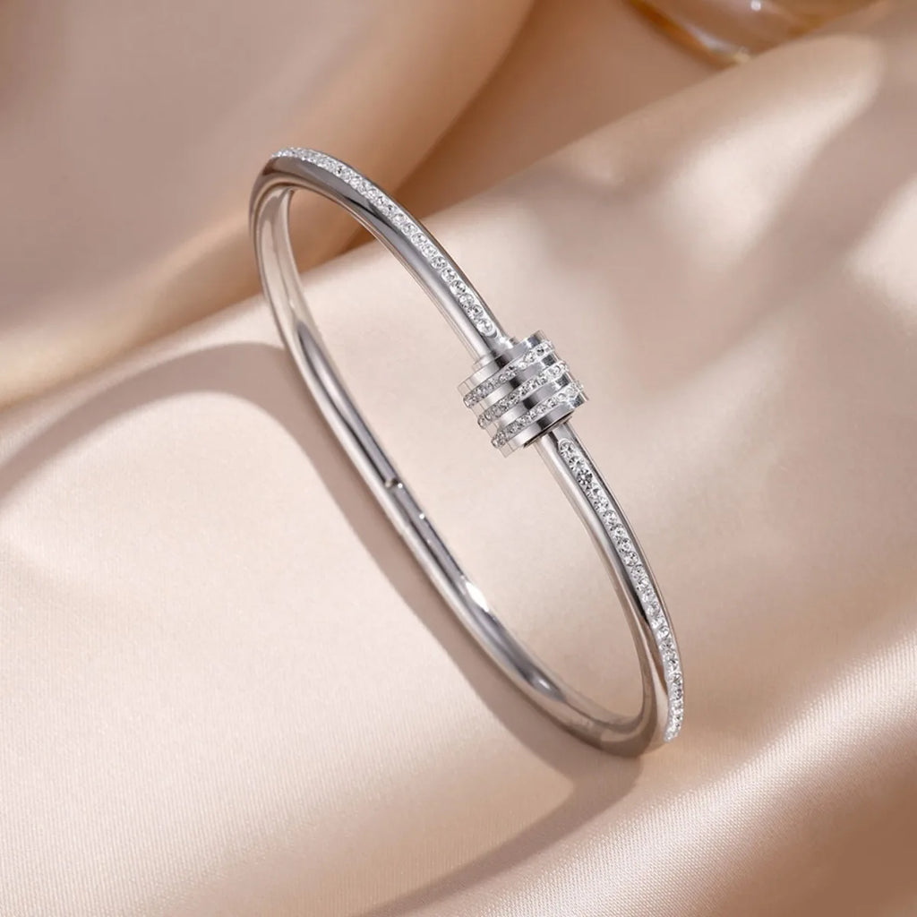 Yupsk 5Pcs/set Silver Color Stainless Steel Bracelet Shiny Zircon Inlaid Stackable Bangles Female Jewelry Gift