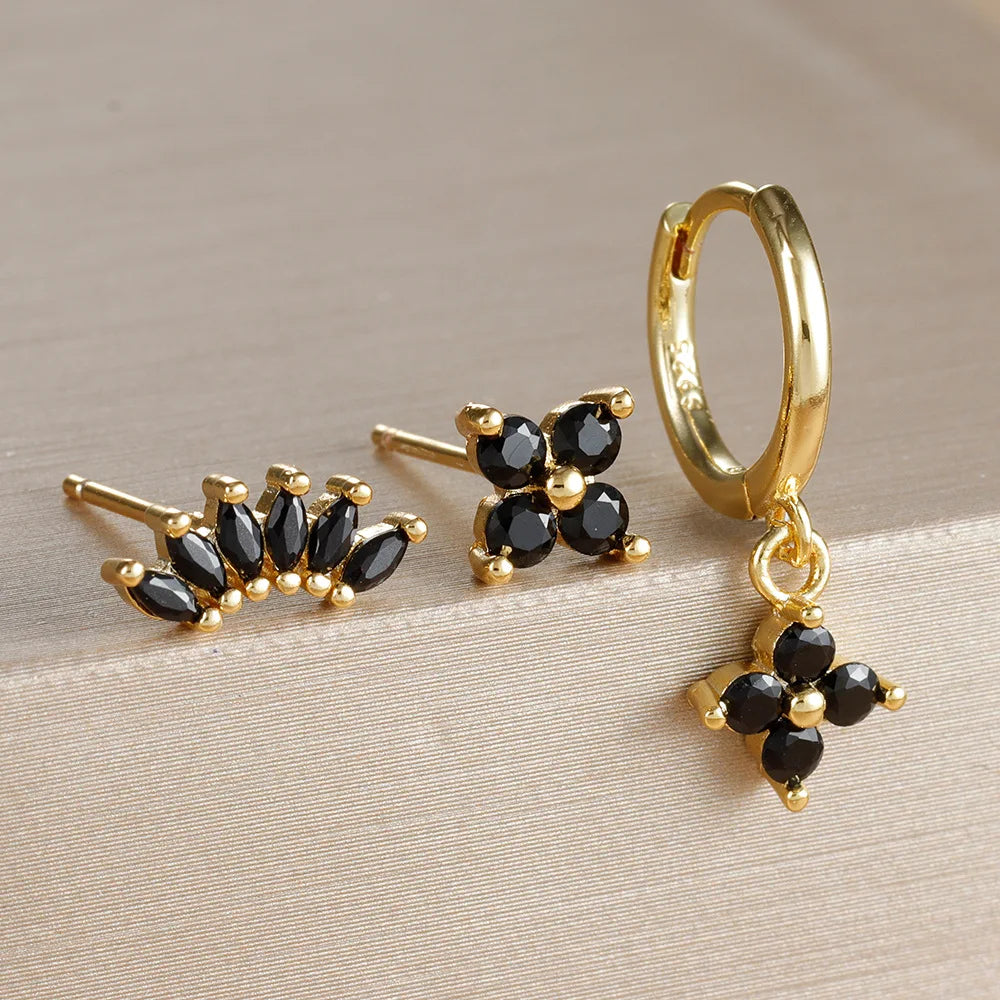 3 Paar modische orange-blaue Zirkon-Hängeohrringe für Damen, Edelstahl-Blumen-Baumelohrringe, Piercing-Schmuckset
