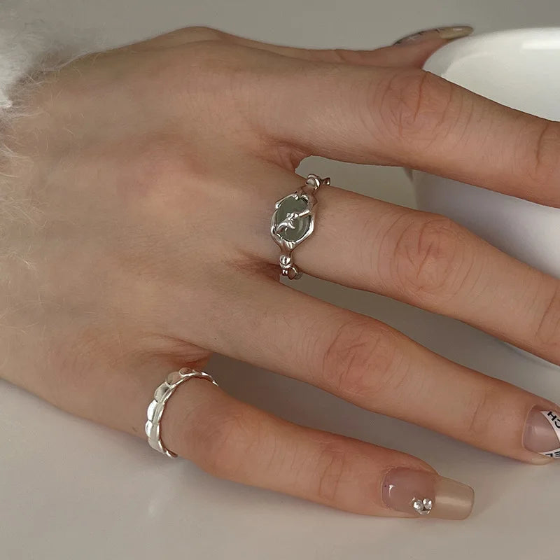 925 Sterling Silber vergoldeter Flüssiger Lava Hetian Jade Bambus Ring für Frauen Mädchen Geschenk Unregelmäßiger Vintage Schmuck Dropshipping