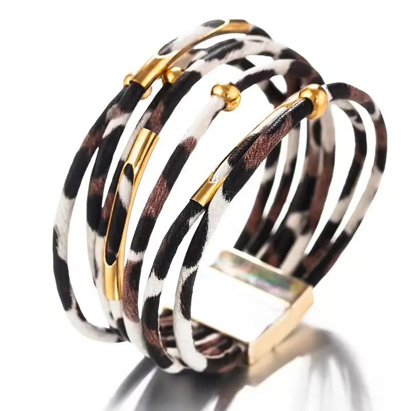 Vintage Metallröhre Leopard Leder Armband für Frauen Männer Boho Mehrschicht Wickel Breites Armband Anhänger Schmuck