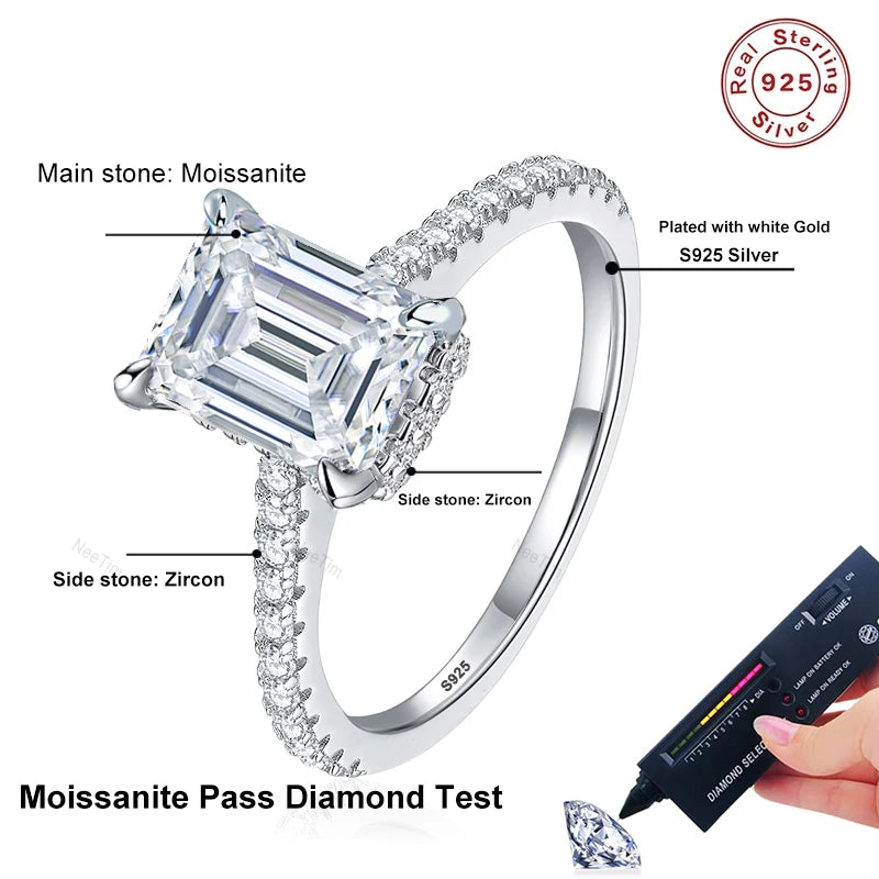 NeeTim 1ct 2ct 3ct Moissanitringe mit Smaragdschliff für Damen 925er Sterlingsilber Labordiamant Verlobungsring Edelsteinband