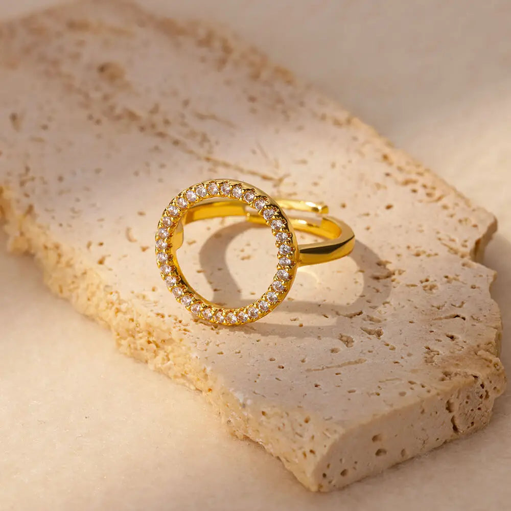 Anillos redondos huecos de circonita de moda para mujer, de acero inoxidable, color dorado, ajustables, anillo de boda, regalo de joyería estética anillos