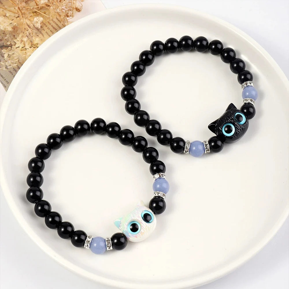 1 Paar passende Armbänder Pärchen Damen Herren Leuchtende süße Katze Freundschaftsarmband Schwarz-Weißer Katzenkopf Perlenstrang Armband