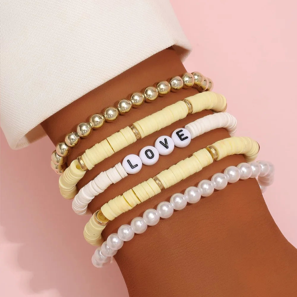 Juego de Pulseras Apilables Arcoíris de Moda para Mujer con Dijes de Corazón, Arcilla Blanda, Cuentas en Capas, Cadena, Brazalete, Joyería Bohemio Femenina
