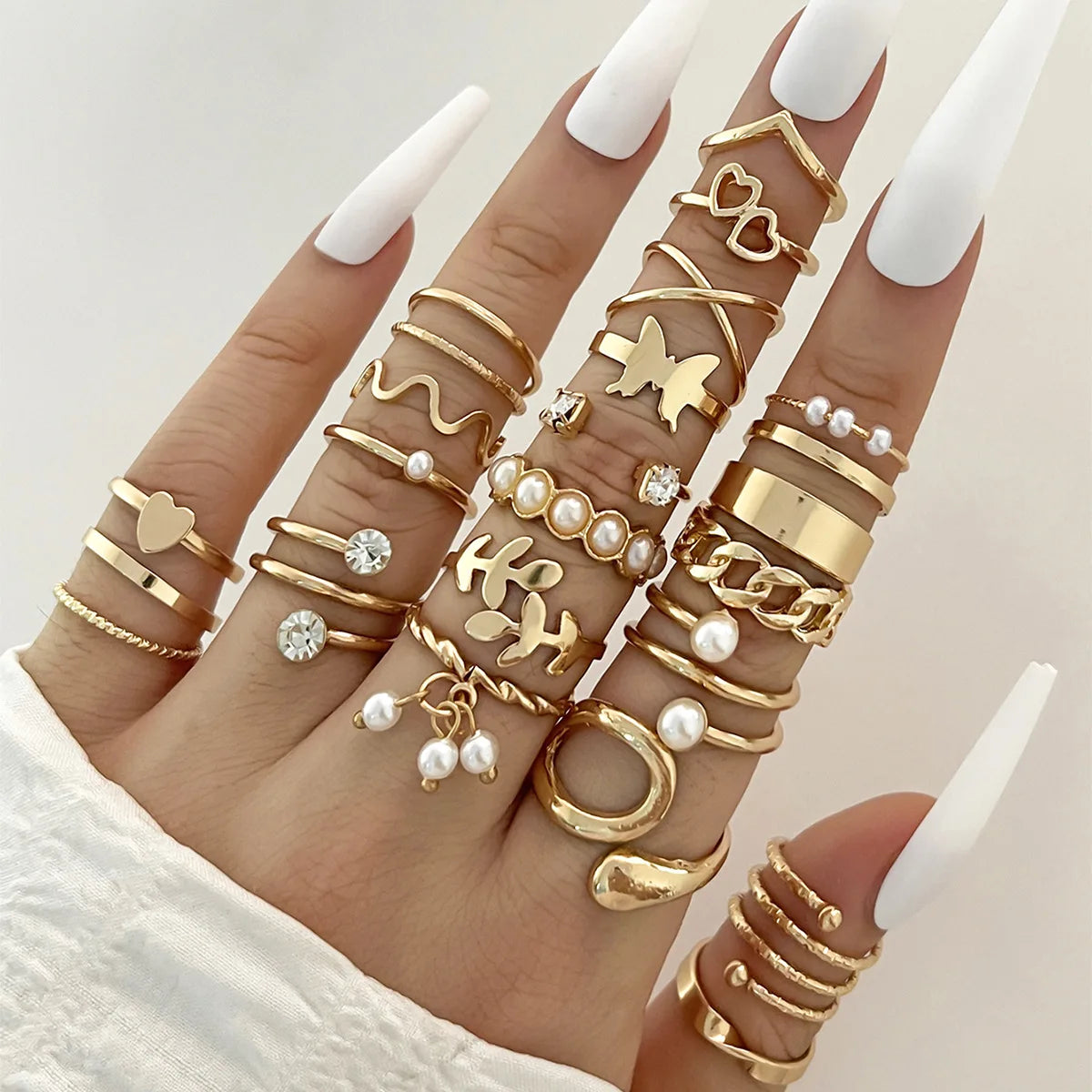 Mode Einfache Welle Gelenkringe Set für Frauen Kristall Herz Form Gold Silber Farbe Ring Weiblicher Party Schmuck