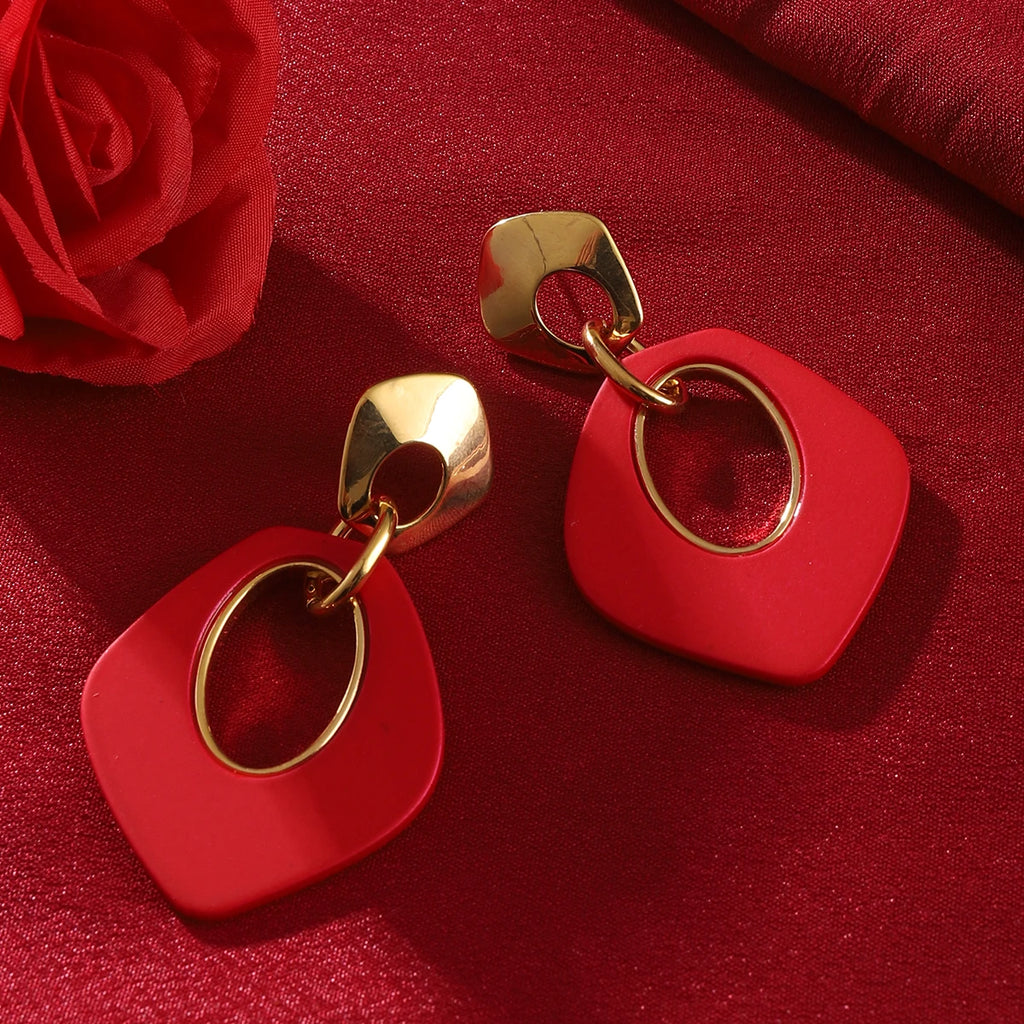 Red Color Women Dangle Earrings Geometric Pendants Gold Color Metal Hook Earrings Long Hang Earrings pendientes fashion jewelry