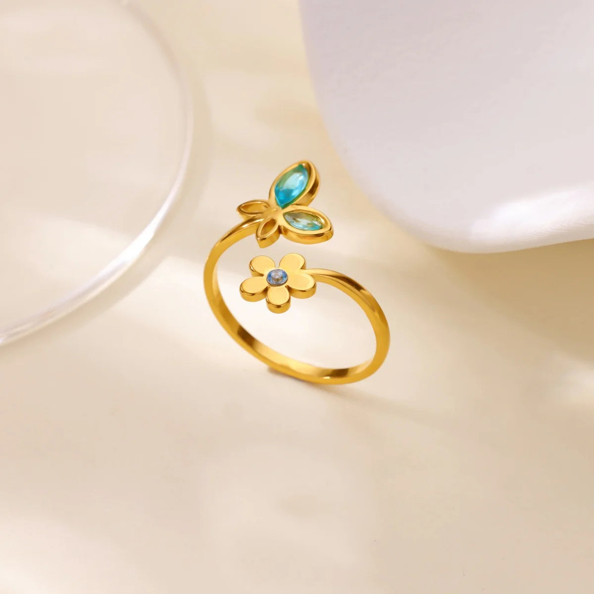 Luxus Zirkonia Schmetterlingsblumenringe für Frauen Edelstahl Goldfarbe Günstiger Ring Mode Hochzeits-Paar y2k Schmuck anillos