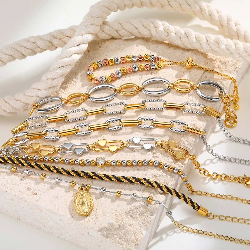 Zweifarbige Kettenarmband für Damen, klobiges Glied aus Metallmix, wasserdichter Schmuck aus Edelstahl, stylisches verstellbares Armband