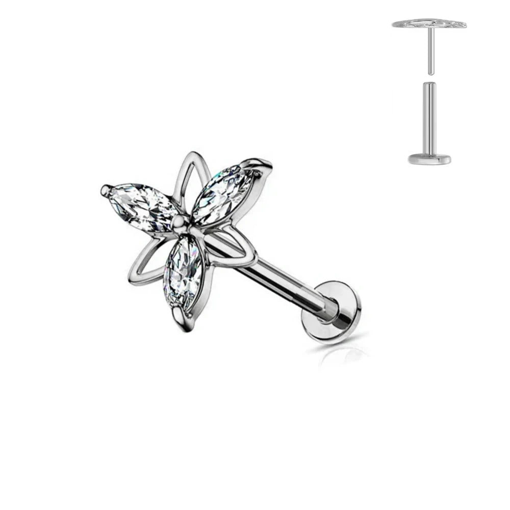 G23 Flores de titanio Labret de empuje 16G 18G 20G Piercing de mariposa para labios sin rosca con forma de gota de agua, arete para tragus, joyería corporal