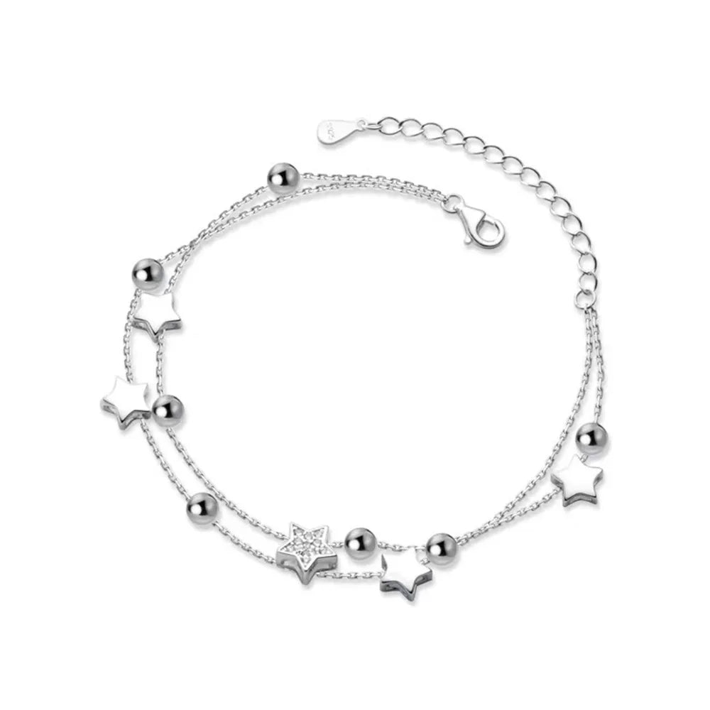 925 Stempel Silberfarbe Sternarmband Mode Koreanisch Fünfzackige Sterne Kristall Doppelarmband Dropshipping Großhandel