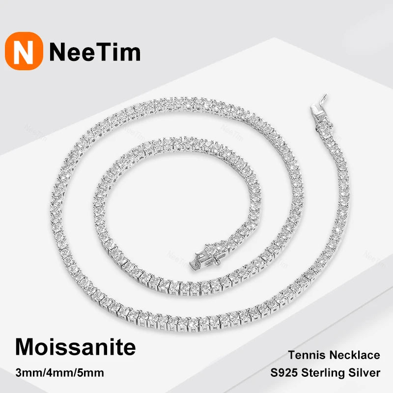 NeeTim Collar de tenis de moissanita de 3/4/5mm para mujer y hombre, de plata S925 con chapado en oro de 18k, cadenas para el cuello, joyería de fiesta moderna de hip-hop