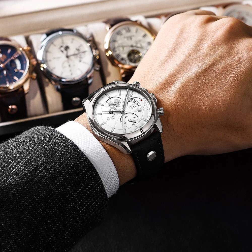 POEDAGAR Lujo Hombre Reloj de Pulsera Cronógrafo Fecha Impermeable Cuero Reloj Hombre Casual Cuarzo Relojes de Hombre Deportes Reloj Masculino