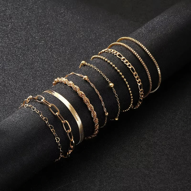 10 Stück Vintage Statement Goldfarbene Flache Schlangenkette Boxkette Armband Boho Mehrschichtiges Metallarmband Damen Sommer Schmuck