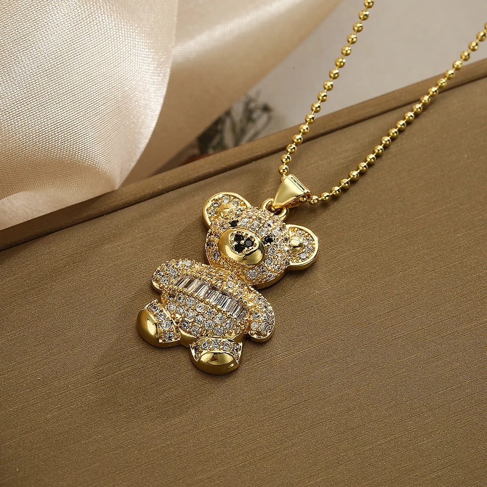 NEWBUY Hot Sale 2 Style Lovely Bear Pendant Necklaces For Women Shiny CZ Zircon Inlay Gold Color Copper Jewelry