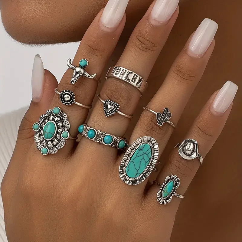 10tlg. Trendy Western Style Ring-Set für Damen und Herren Vintage Türkis Bullenkopf Lotus Sonnen Design Ring Alltagsoutfit Schmuck Geschenke