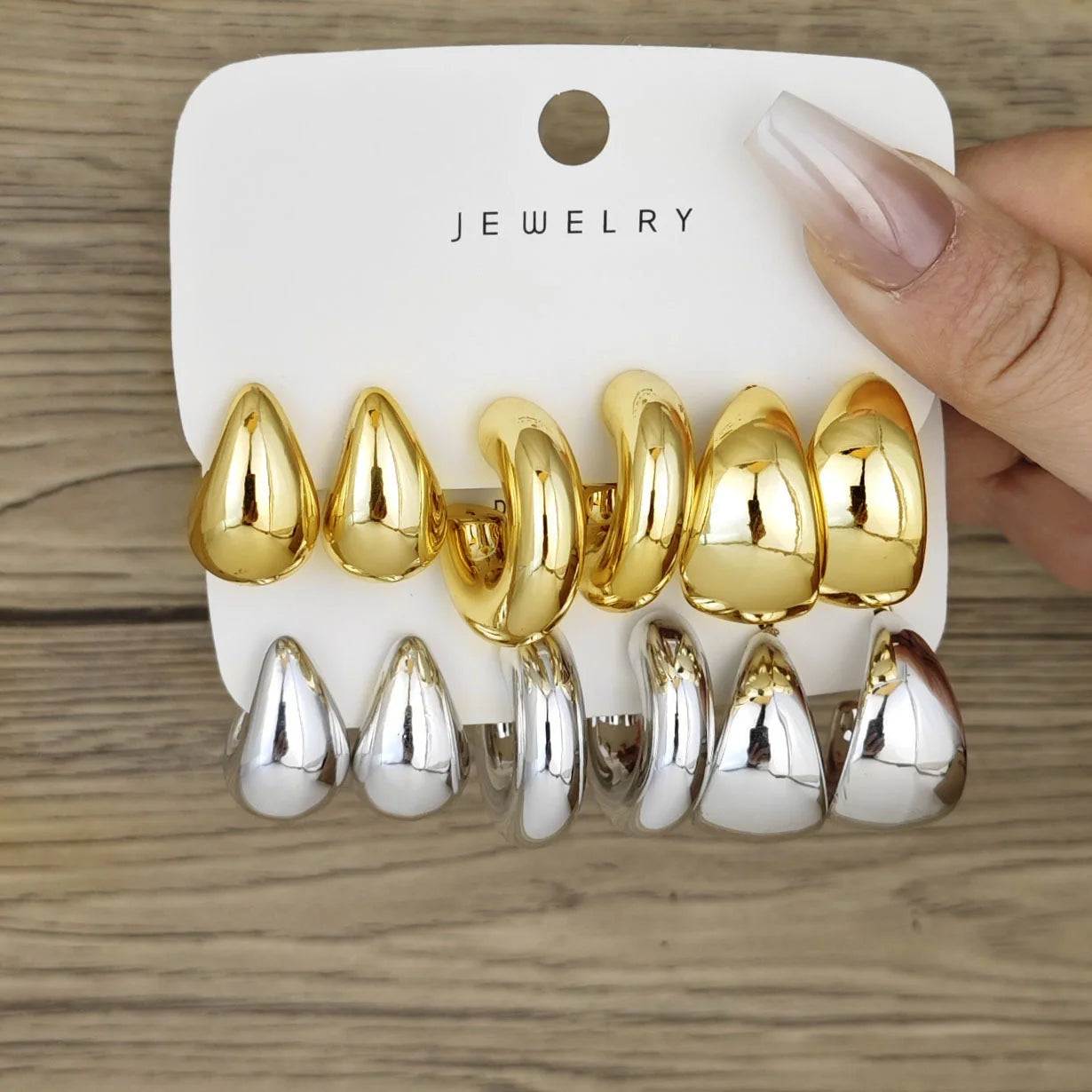 6-teiliges klobiges, vergoldetes Wasserfall-Creolen-Set für Damen – europäischer und amerikanischer minimalistischer, glatter Kreis-Tropfenohrring-Schmuck