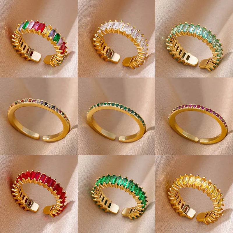 Mini Zirkon Grüne Ringe für Frauen Edelstahl Goldfarbe Verstellbarer Fingerring Verlobung Hochzeit Weihnachtsgeschenk Schmuck