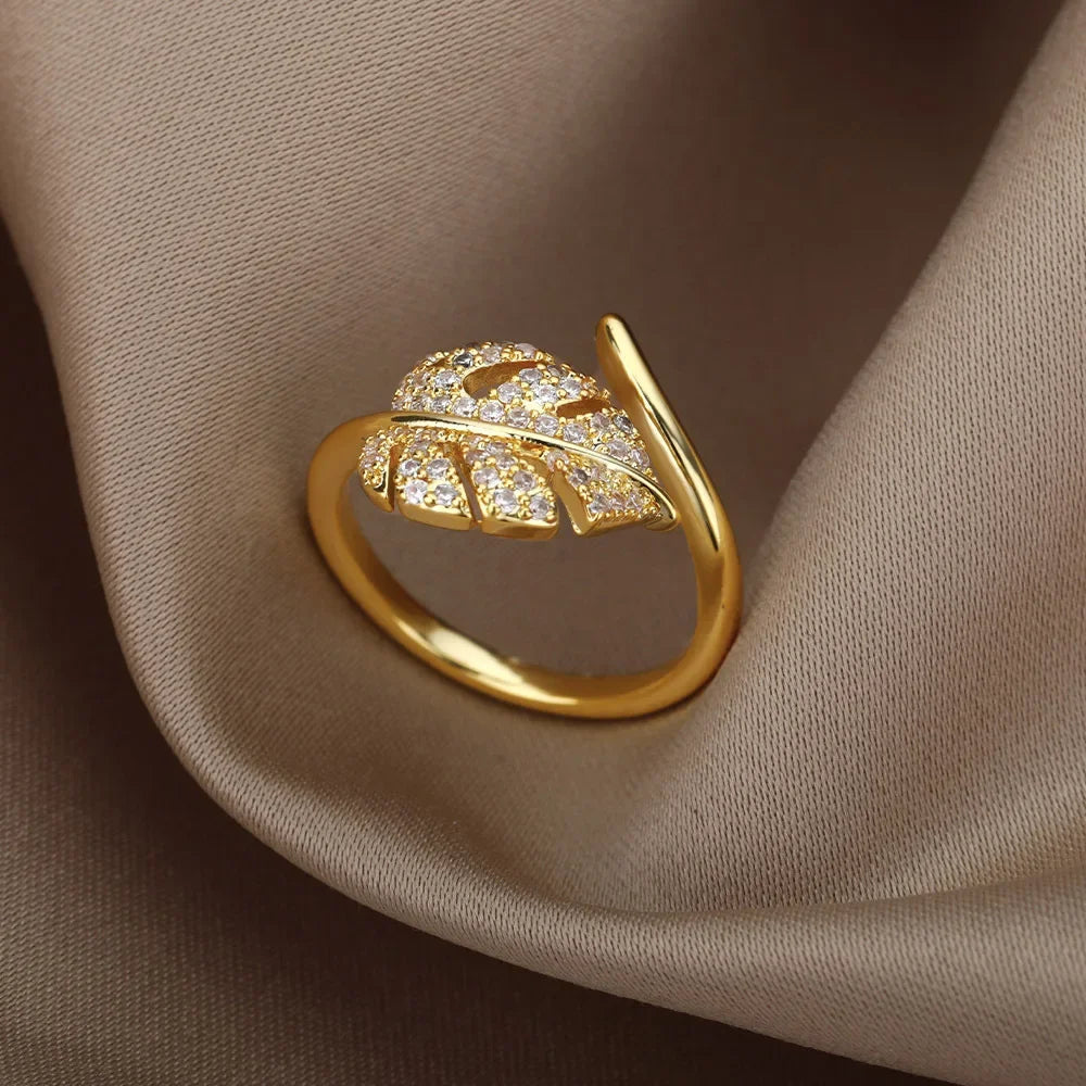 Anillos Abiertos con Forma de Hoja de Palma de Moda para Mujer Color Dorado Circón Anillo Ajustable para Dedo Niñas Regalo de Joyería de Fiesta Coreana