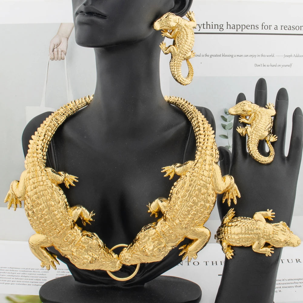 Afrikanisches Großes Krokodil Schmuckset für Damen Lady Große Halskette Arabische Goldfarbe Ohrringe Armband Braut Frau Jubiläumsgeschenk