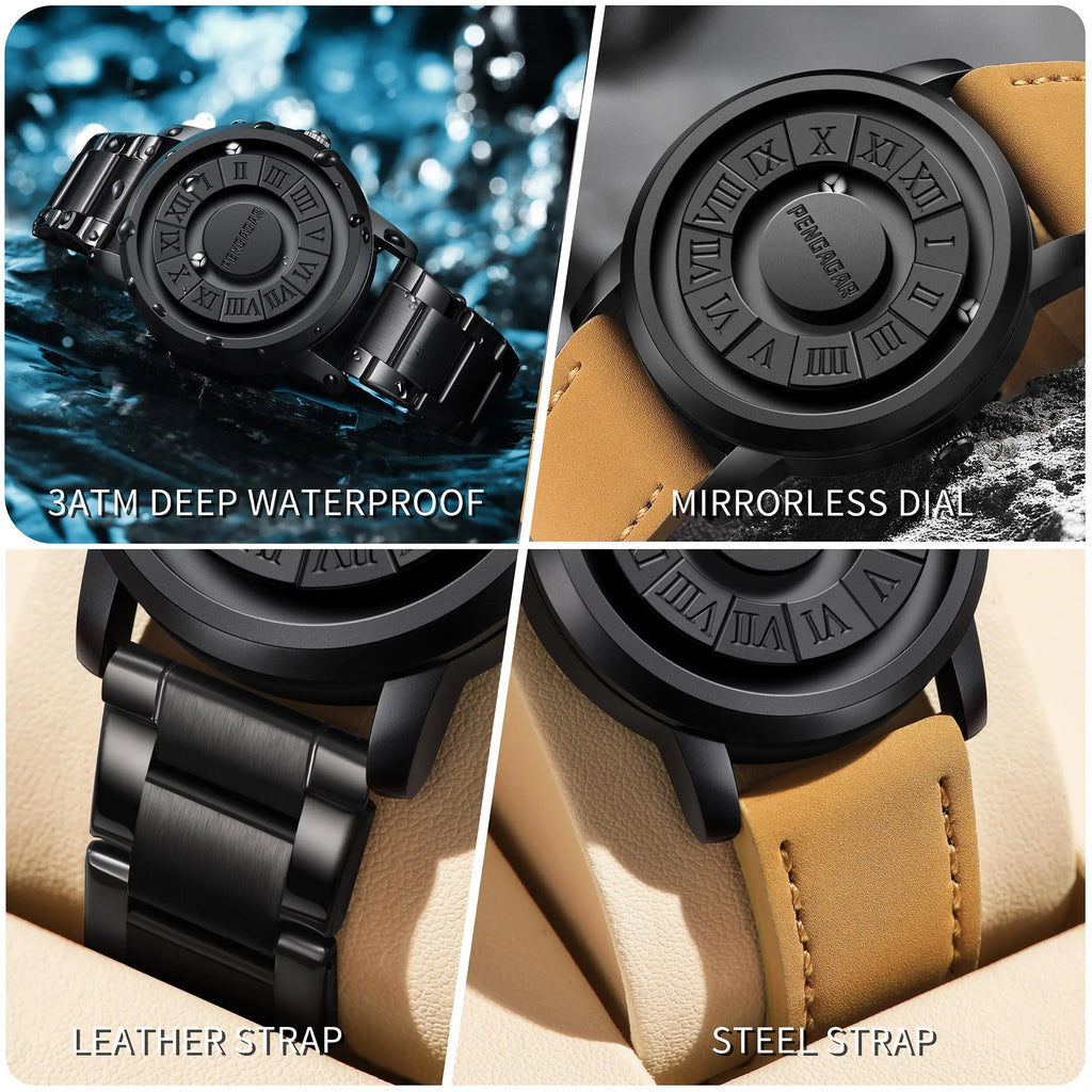 Relojes de hombre PENGAGAR, reloj de cuarzo de acero inoxidable, puntero de desplazamiento creativo, reloj de pulsera con fuerza magnética, Relogio Masculino + caja