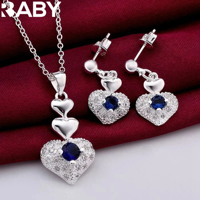 Juego de joyas de collar y pendientes de plata de ley 925 con corazón de cristal azul Noble caliente para mujer, regalo clásico, a la moda, elegante, para fiesta
