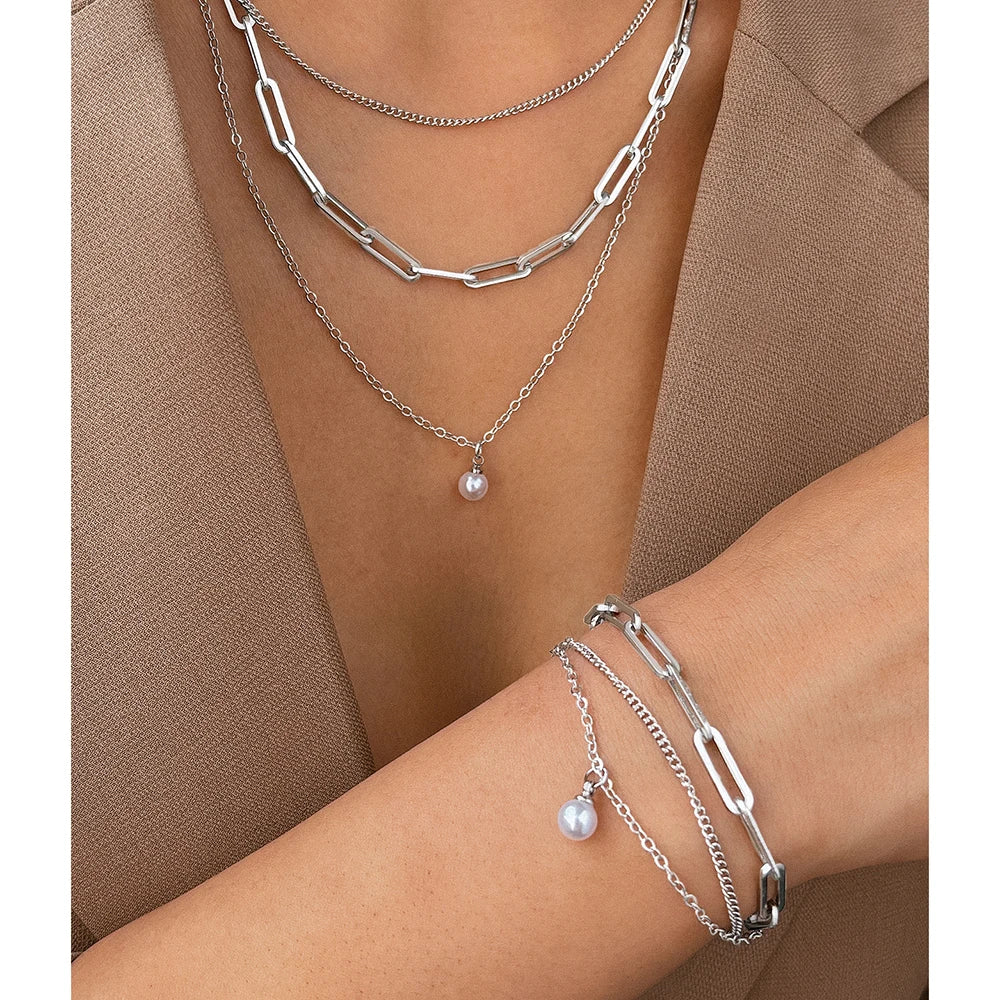 Aomogo Juego de joyas de acero inoxidable, delicado juego de joyas con colgante de perlas, lujoso juego de joyas con cadena multicapa para mujer