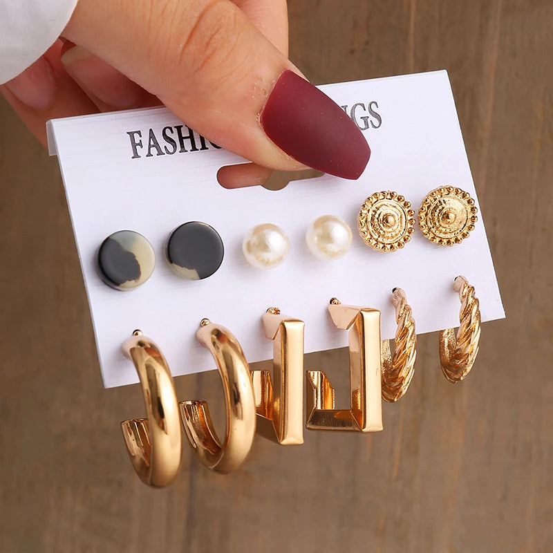 Aretes de Perlas Geométricos Vintage Color Oro, Set de Aretes Colgantes Cuadrados de Metal Trenzado Redondos para Mujer, Joyería de Fiesta Sencilla y de Moda