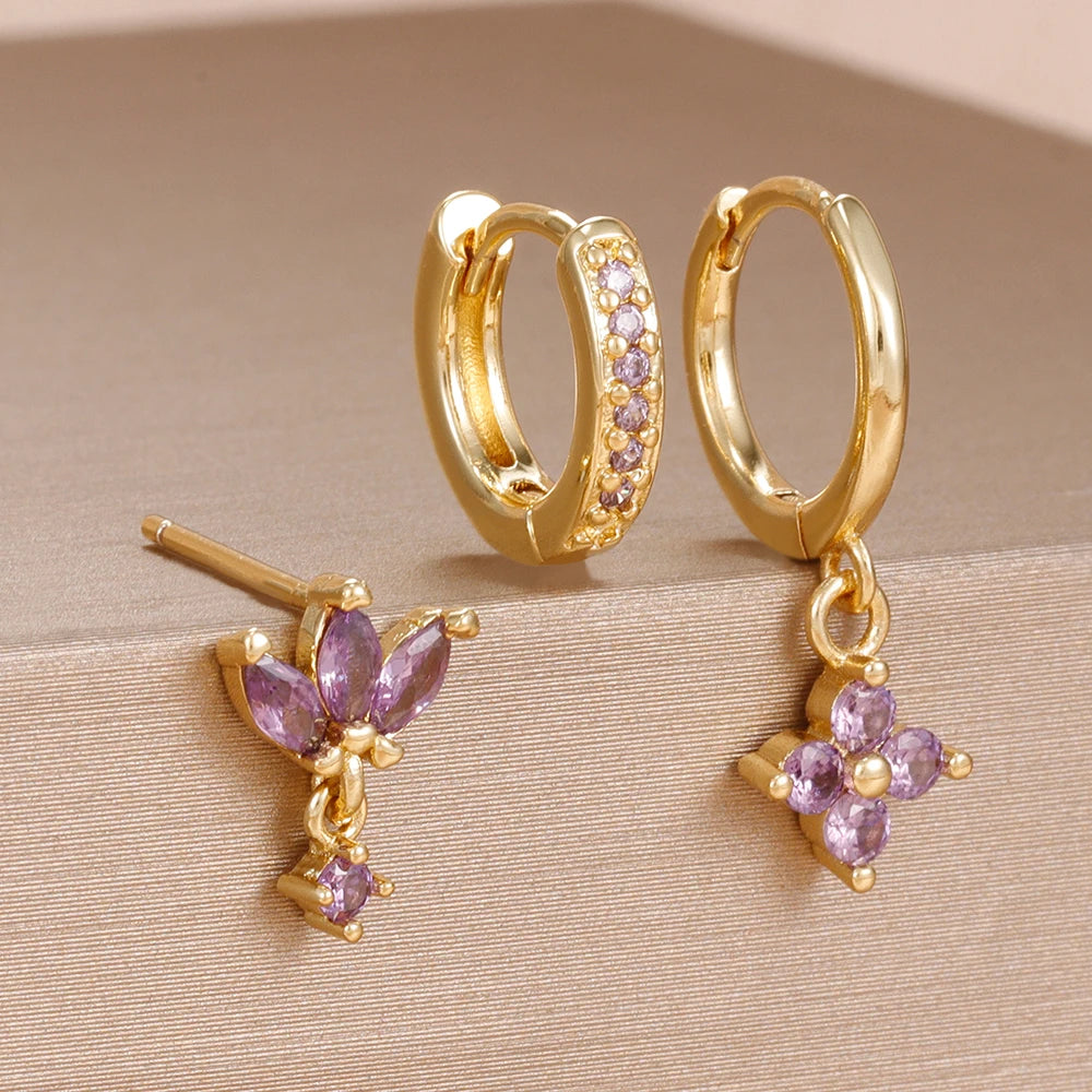 3 Paar modische orange-blaue Zirkon-Hängeohrringe für Damen, Edelstahl-Blumen-Baumelohrringe, Piercing-Schmuckset