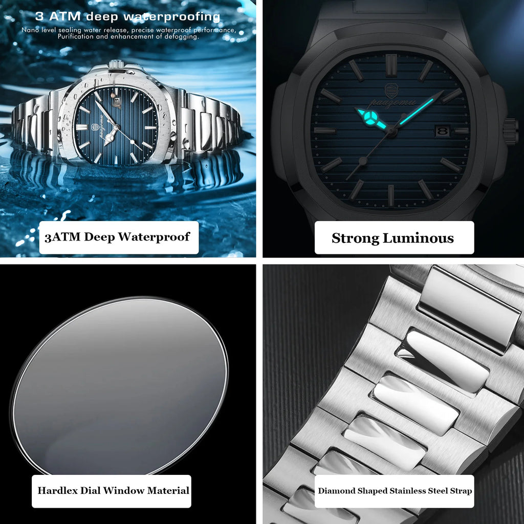PAAZOMU Reloj de lujo empresarial de 50 ATM, resistente al agua, para hombre, reloj luminoso, fecha, acero inoxidable, cuarzo cuadrado, relojes de hombre, reloj hombre