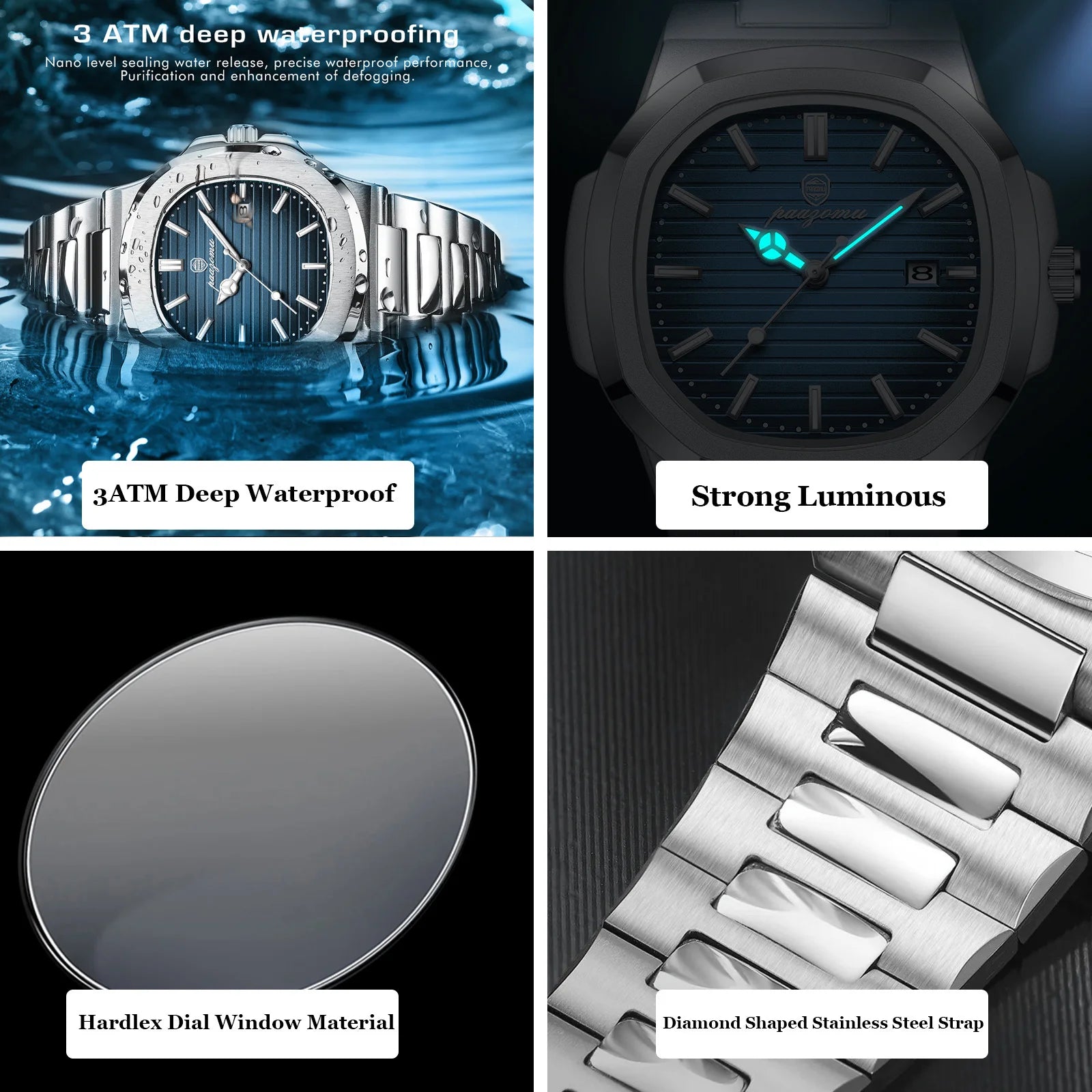 PAAZOMU Reloj de lujo empresarial de 50 ATM, resistente al agua, para hombre, reloj luminoso, fecha, acero inoxidable, cuarzo cuadrado, relojes de hombre, reloj hombre