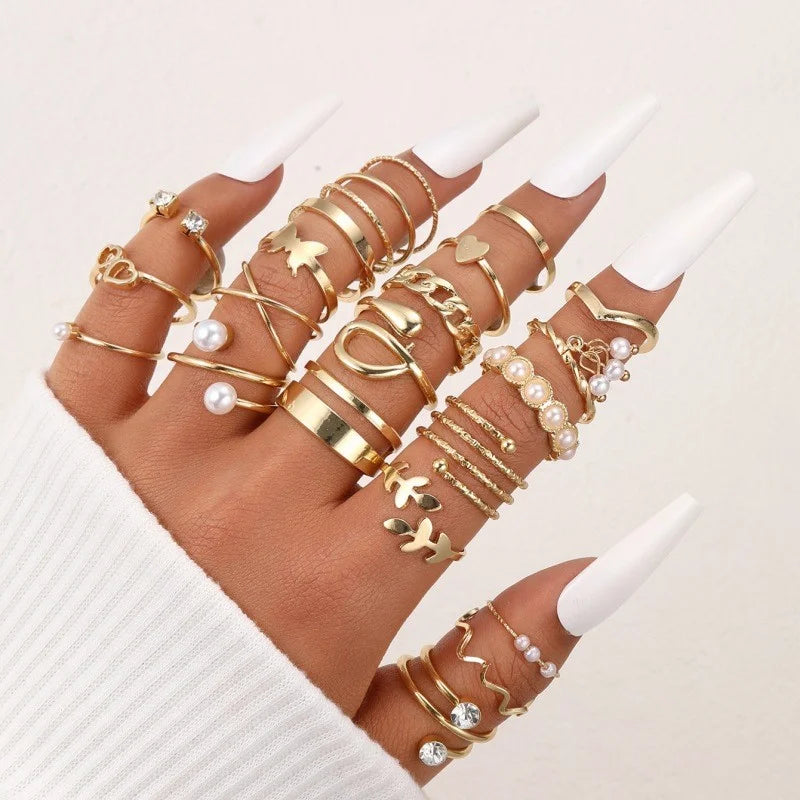 47 Teile/Set Vintage Goldfarbe Herzringe Set Für Damen Herren Hohl Schmetterling Perle Kristall Geometrische Ringe Trendiger Fingerschmuck