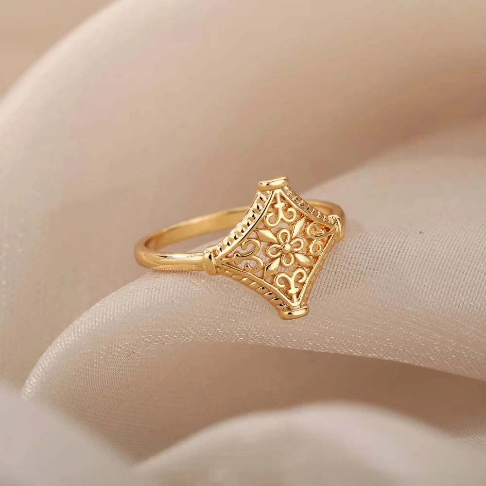 Vintage hohle Blumenringe für Frauen Männer Edelstahl Goldfarbe Ring Ästhetische Hochzeit Paarringe Boho Schmuckgeschenk