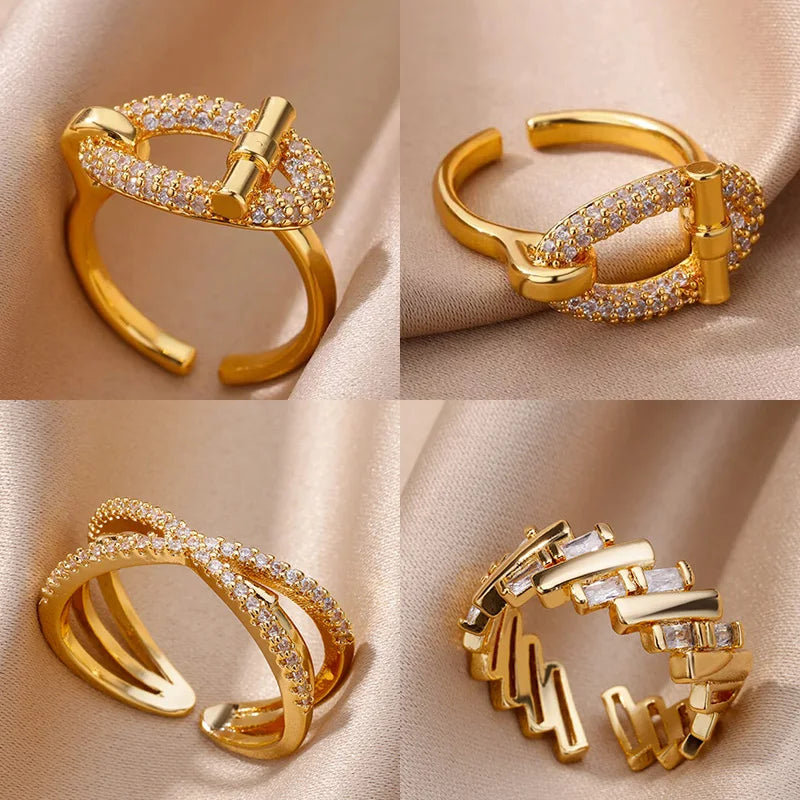 Edelstahl Oval Hohl Zirkon Offene Ringe Für Frauen Gold Farbe Trendiger Hochzeitsästhetischer Ring Sommer Schmuck Accessoires BFF