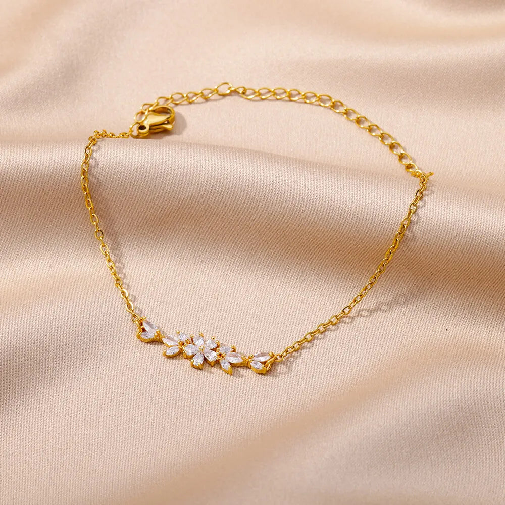 Elegantes Zirkon-Blumenarmband für Damen, Mädchen, Charm, goldfarben, Edelstahl, Pflanzenarmbänder, Luxus-Designer-Schmuckgeschenke