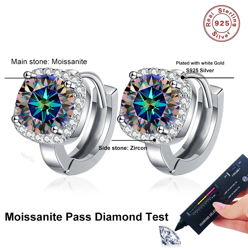 NeeTim 0,5 ct 1 ct Regenbogenfarbene Moissanit-Ohrstecker für Damen, S925 Silber, Schwarz, Blau, Rosa, Labor-Diamant-Ohrstecker für die Hochzeit