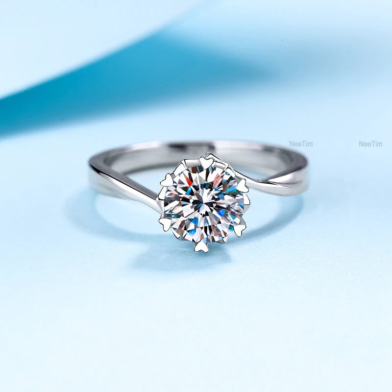 NeeTim Anillo de Moissanita de 0.5-2ct Anillo de Diamante de Laboratorio para Mujer Plata S925 Copo de Nieve Anillo de Compromiso Boda Joyería Certificada