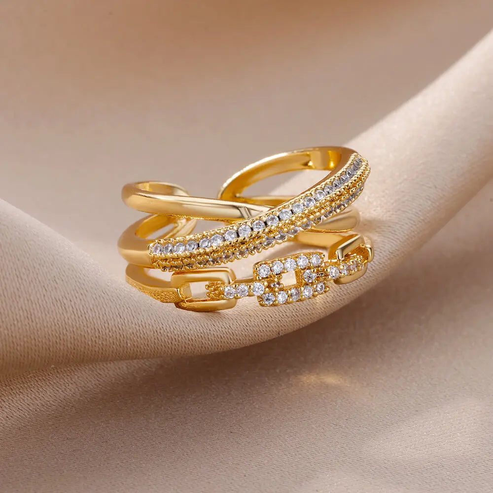 Zirkon-Ketten-Kreuzringe für Damen Vintage Goldfarbe Edelstahl Geometrischer offener Ring Mode Hochzeit Ästhetischer Schmuck Geschenk