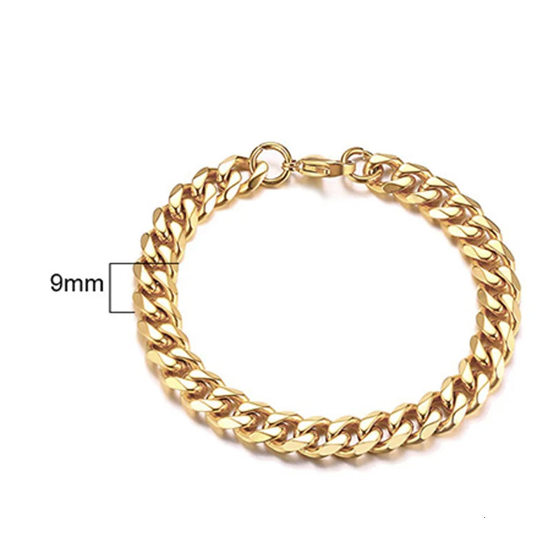 Edelstahl-Kettenarmband für Damen, 3 mm bis 9 mm, Curb Cuban Chain Armreif, Goldfarben, Unisex, stapelbarer Schmuck