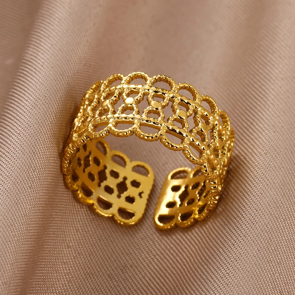 Edelstahl Doppelring für Frauen Vintage Hohl Geometrischer Fingerring Modeschmuck Hochzeit Geburtstagsgeschenk