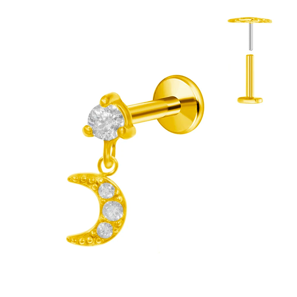 Pendiente de cartílago sin rosca con colgante de luna y estrella de titanio G23 para piercing labret con cono puntiagudo