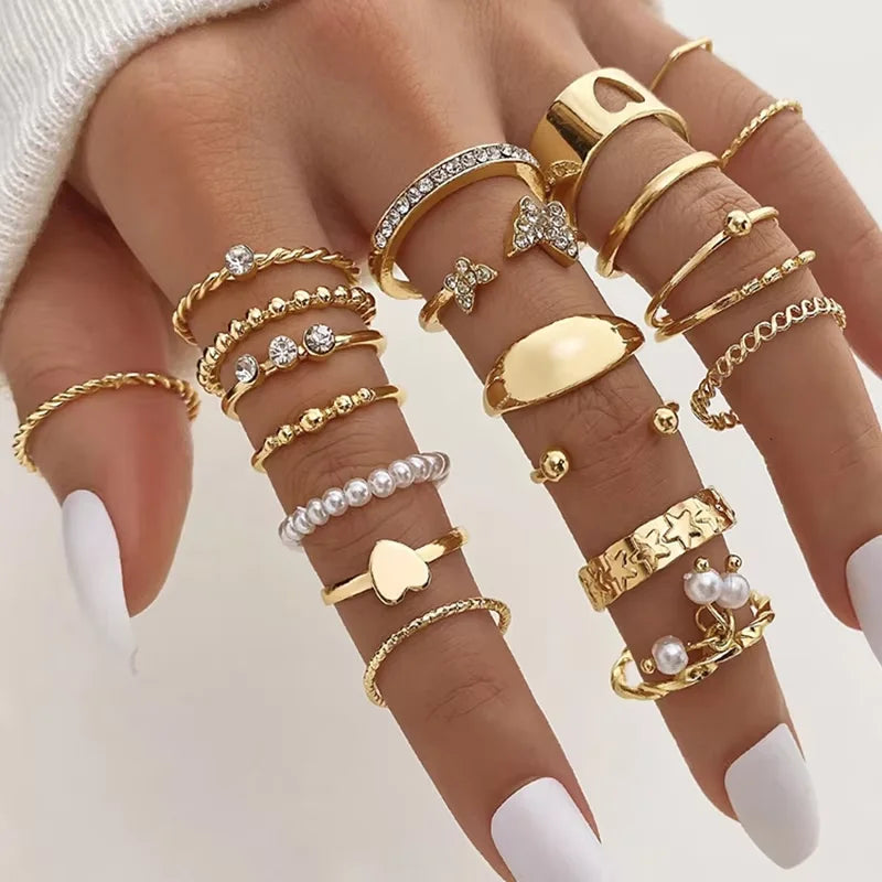Vintage Elegantes 66-teiliges Modeschmuckring-Set Goldfarben Perle Geometrische Ringe Design für Damen Alltag Party Schmuck Geschenke 2024