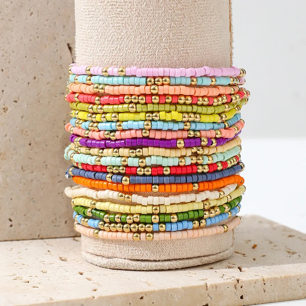 Boho-Stil Perlenarmband-Set für Damen – Bunte Perlen, dehnbares Strangarmband, Kettenarmreif, Mädchen, Sommer, Strand, Urlaubsschmuck