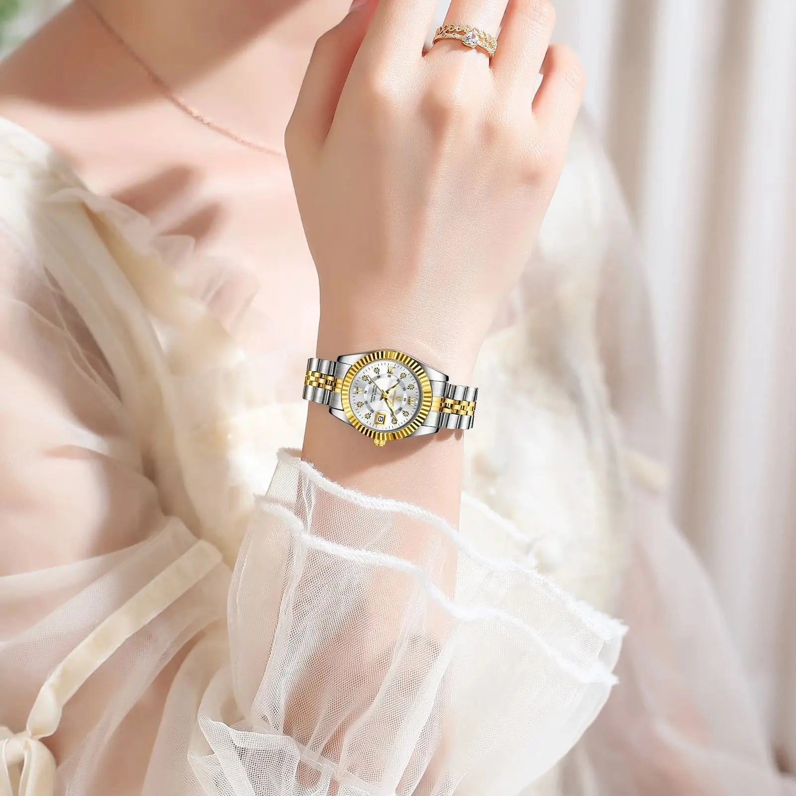POEDAGAR Luxus elegante Damenuhr Wasserdicht Leuchtendes Datum Damenuhr Edelstahl Quarz Damenuhren Mädchen Reloj