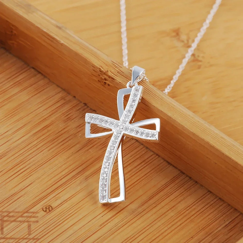 Promociones Collar de 45cm de plata de ley 925 con dije para mujer, colgante de cruz de cristal, cadena de joyería, moda, lindo, fiesta de boda
