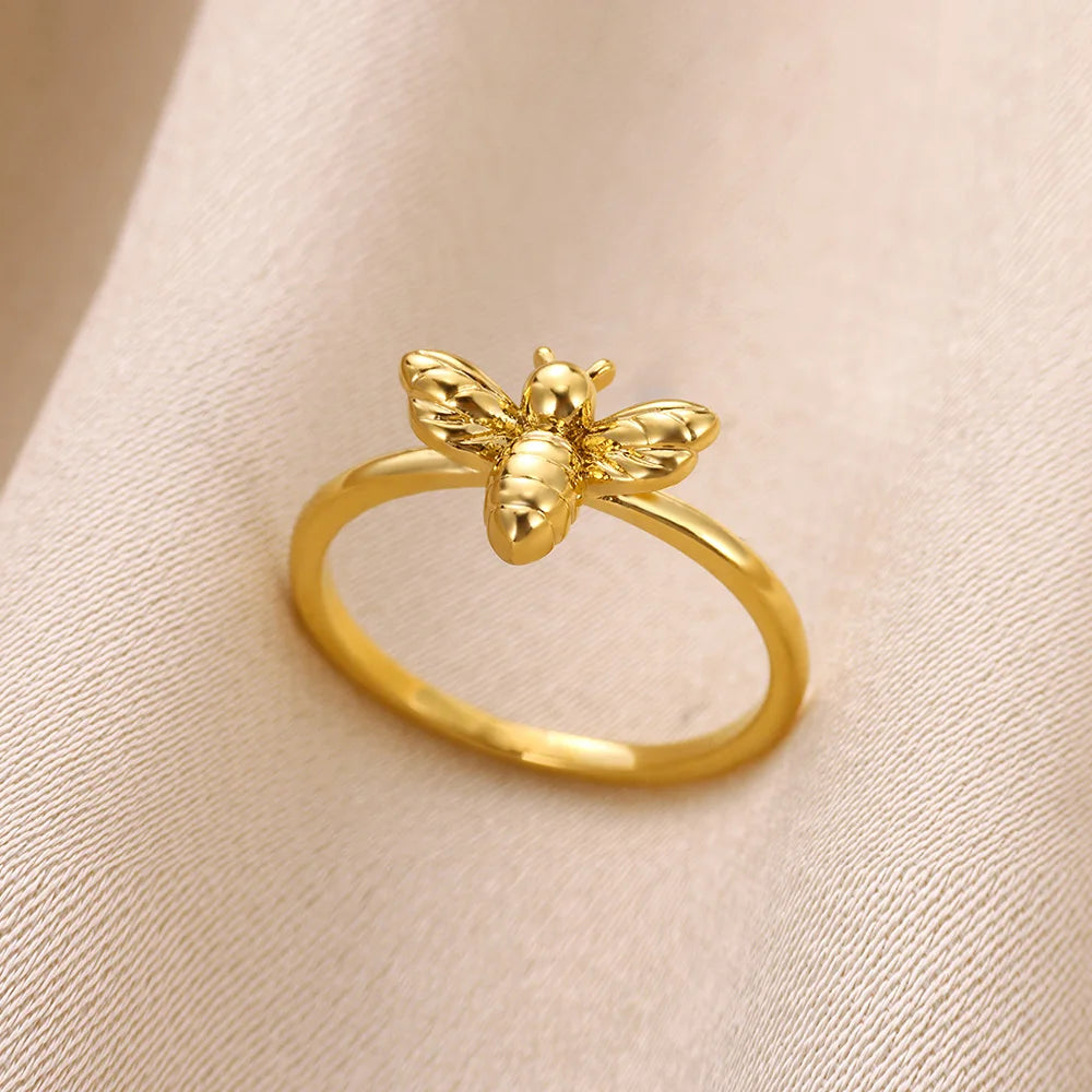 Anillos de Abeja de Moda para Mujer Diseño de Color Dorado Anillo de Abeja de Acero Inoxidable Boda Compromiso Joyería Regalo de Navidad